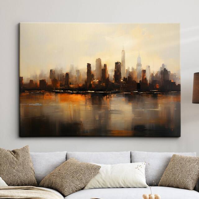 New York City Skyline Sunset America Landmark Oil Painting Style Wall ...