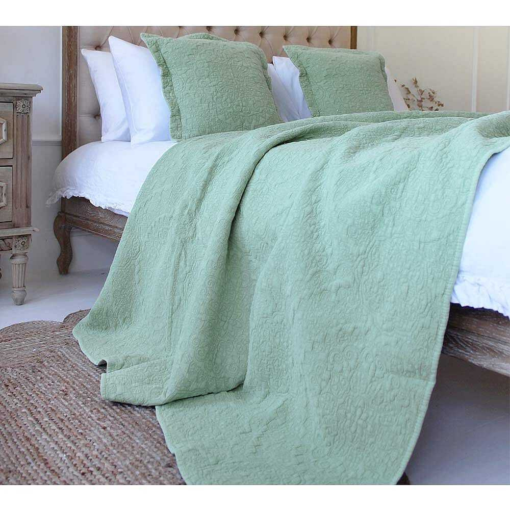 Sage Green Cotton Embroidered Bedspread by French Bedroom
