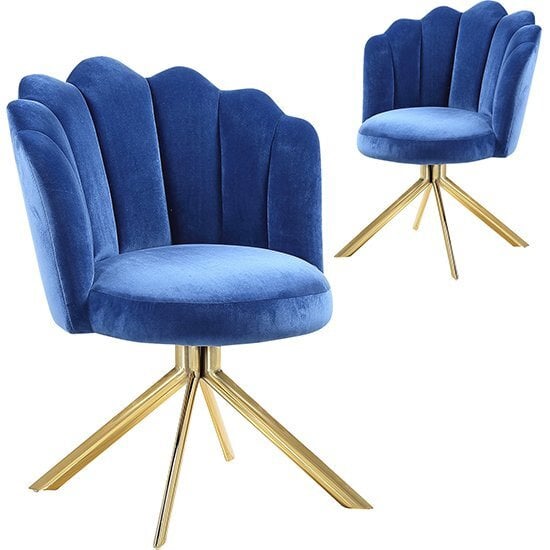 Mario Blue Velvet Dining Chairs In Pair With Gold Legs