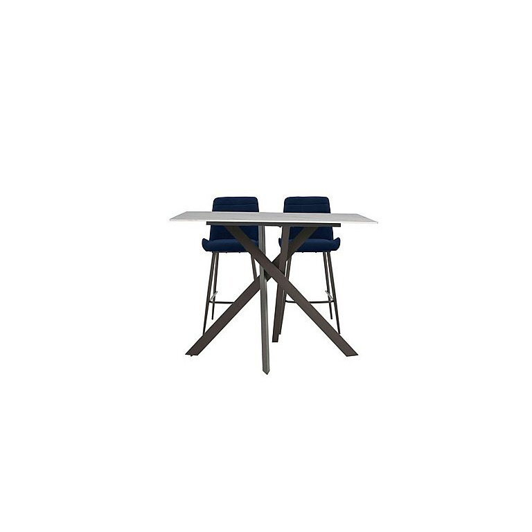 Samurai Table with White Ceramic Top and 2 Velvet Bar Stools Blue by