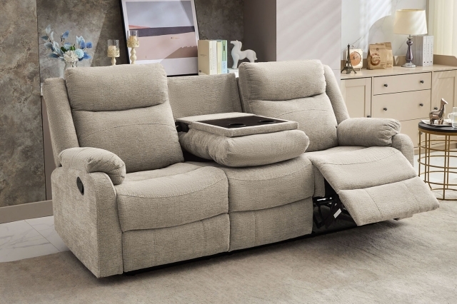 Ellena Oatmeal 3 Seater Recliner Sofa with Table - Power Recliner ...