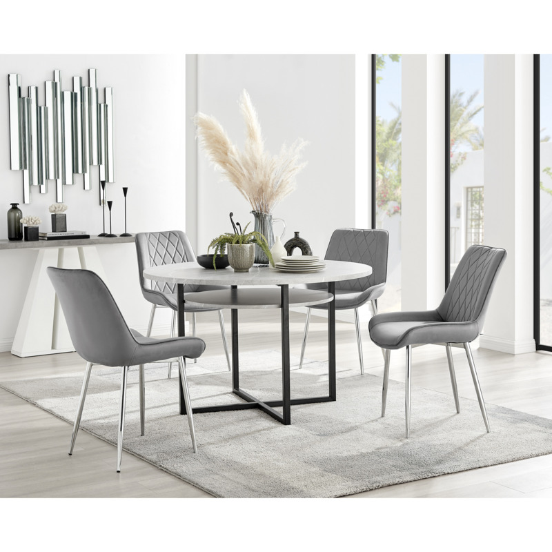 Adley Grey Concrete Effect Storage Dining Table & 4 Grey Pesaro Silver