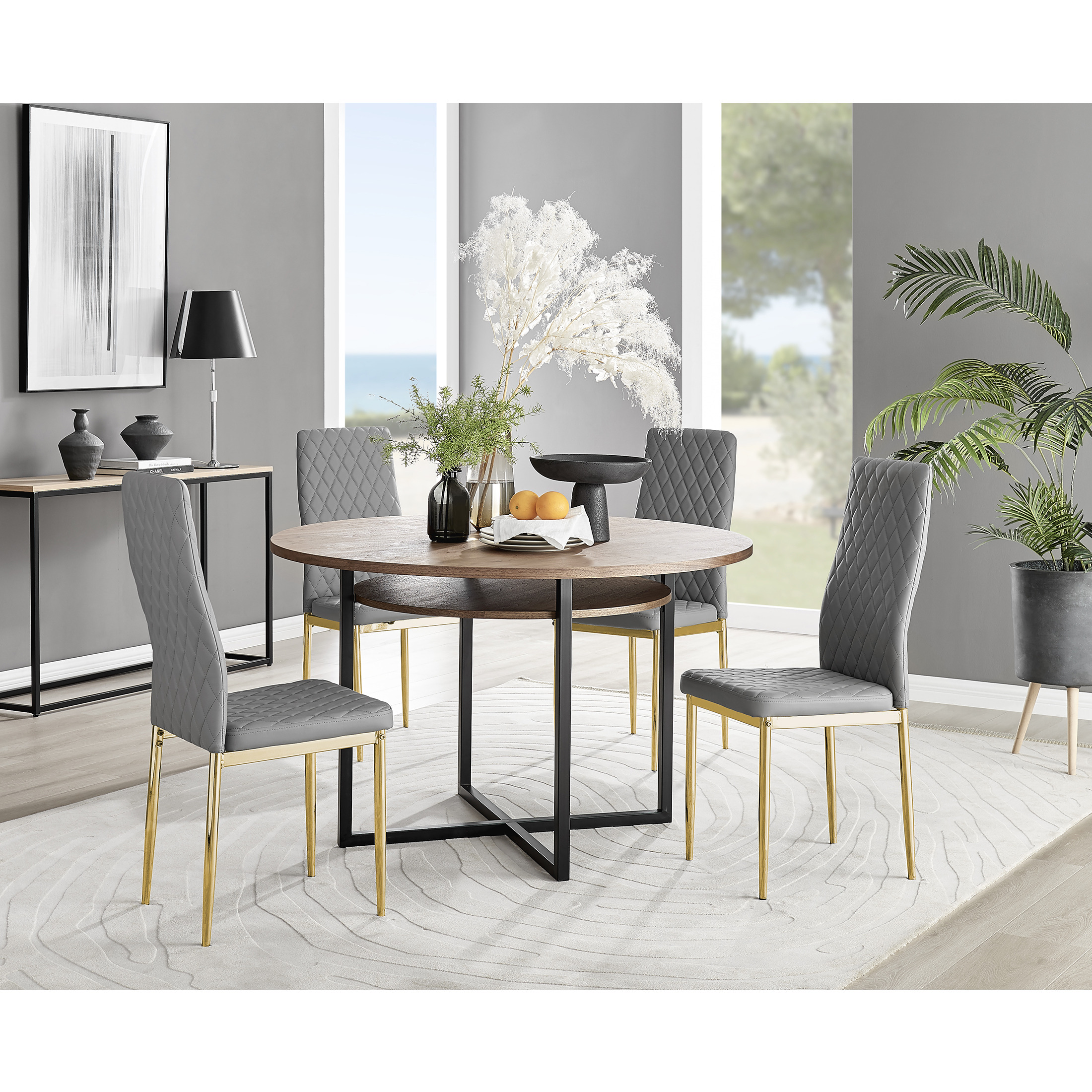 Adley Brown Wood Storage Dining Table & 4 Grey Milan Gold Leg Chairs by