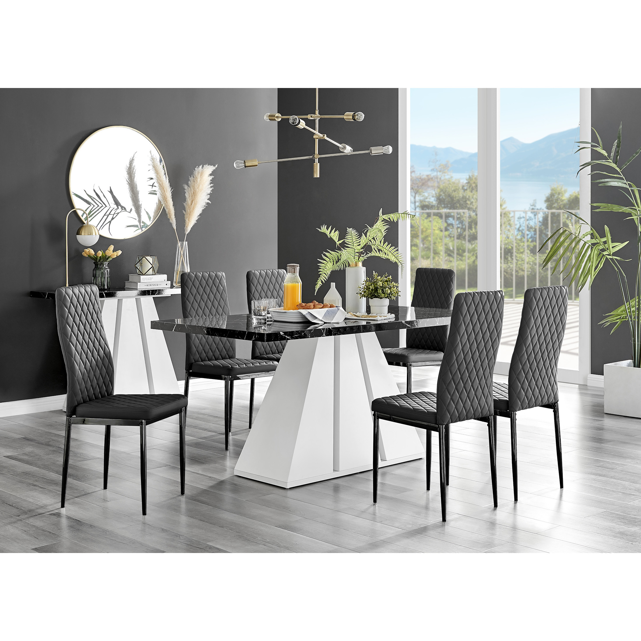 Athens Black Marble Effect Dining Table & 6 Milan Black Leg Chairs by