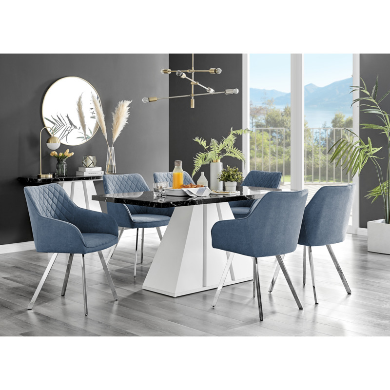 Athens Black Marble Dining Table & 6 Falun Silver Leg Chairs by