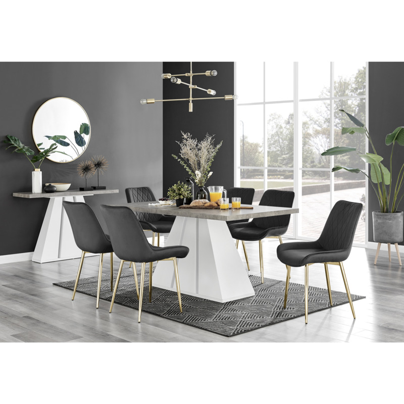 Athens Grey Concrete Effect Dining Table & 6 Pesaro Gold Leg Chairs by