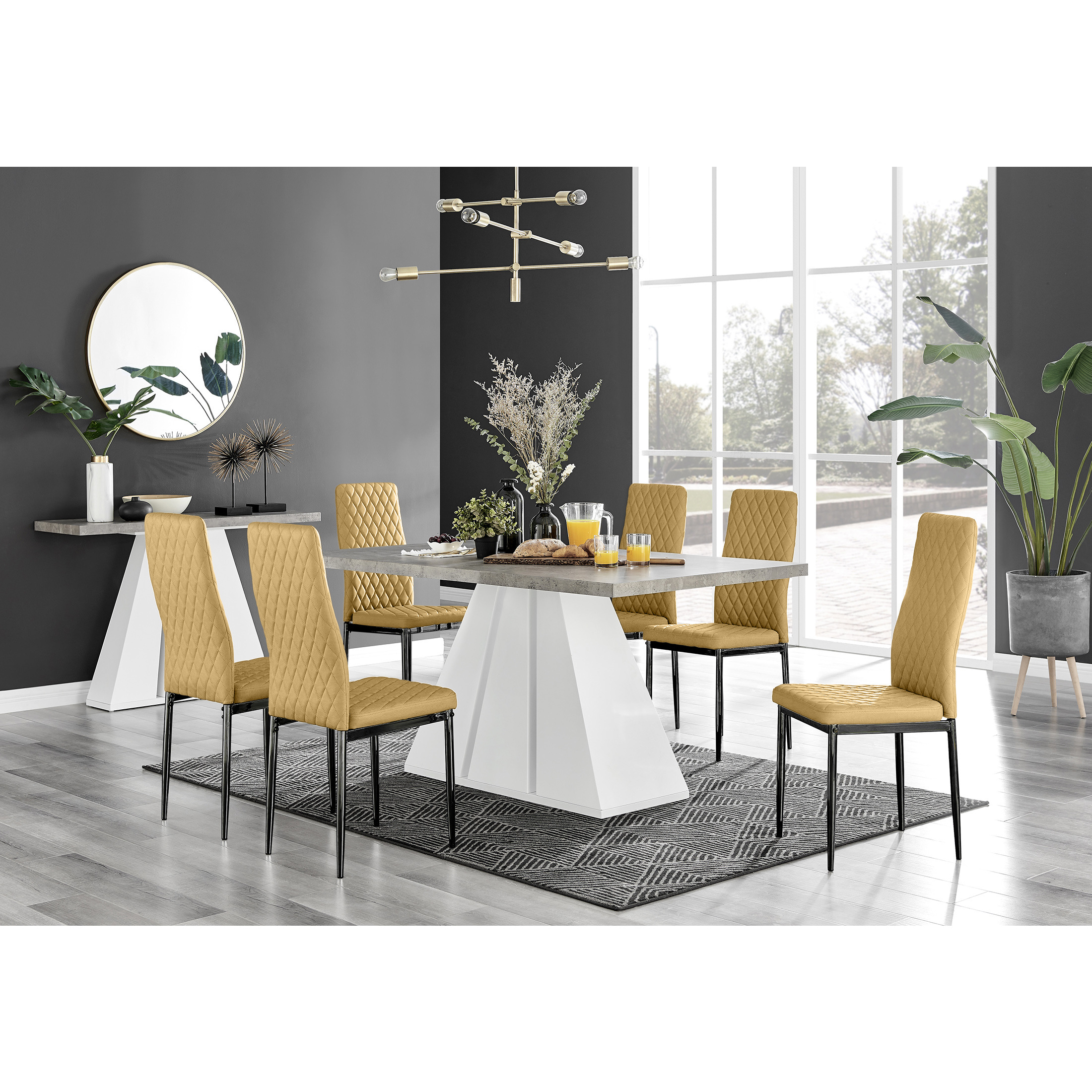 Athens Grey Concrete Effect Dining Table & 6 Velvet Milan Black Leg