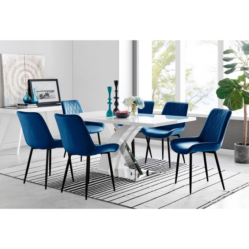 Atlanta 6 White Dining Table and 6 Navy Pesaro Black Leg Chairs by