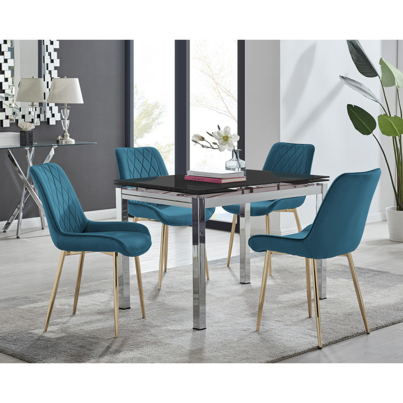Enna Black Glass Extending Dining Table and 6 Pesaro Gold Leg Chairs