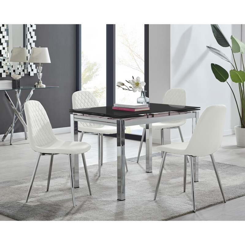 Enna Black Glass Extending Dining Table and 6 Corona Silver Leg Chairs