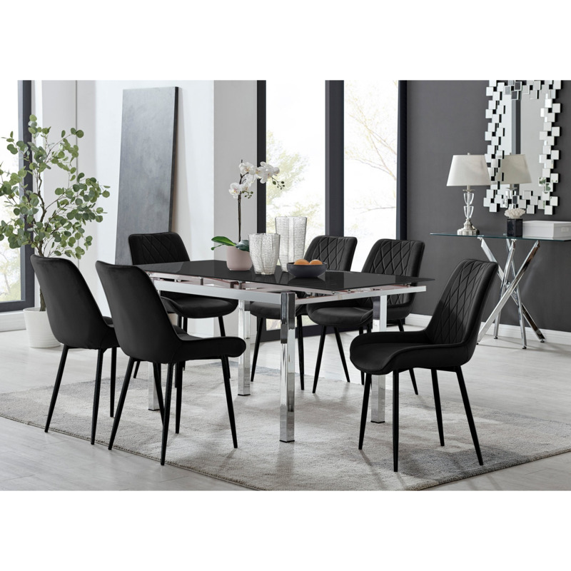 Enna Black Glass Extending Dining Table and 6 Black Pesaro Black Leg