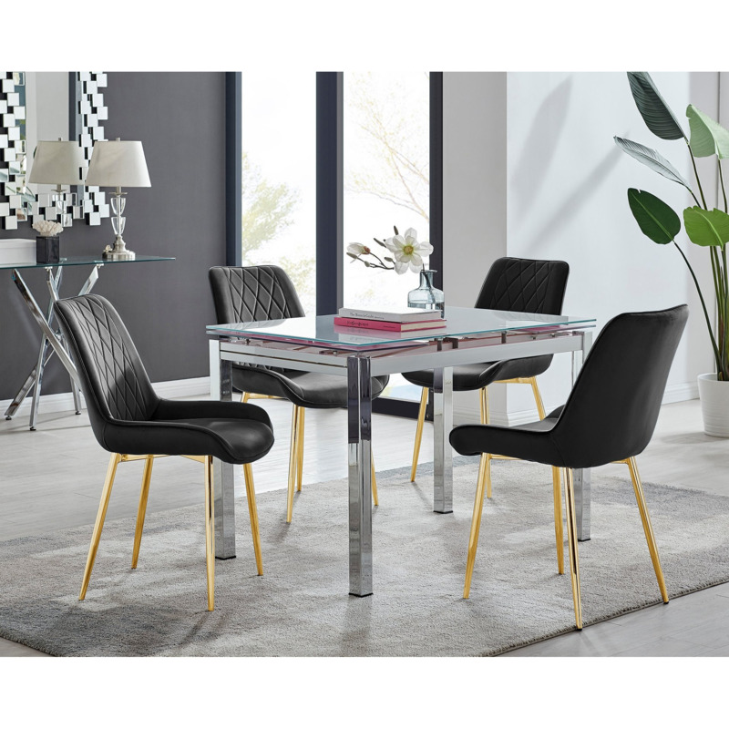 Enna White Glass Extending Dining Table and 4 Black Pesaro Gold Leg