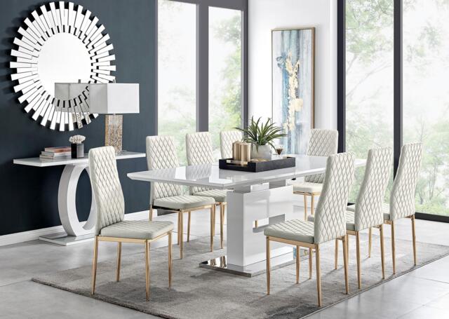Table Arezzo Rond Arezzo Large Extending Dining Table and 8 Velvet Milan Gold Leg Chairs ...