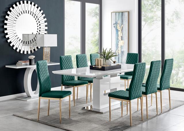 Arezzo Large Extending Dining Table and 8 Velvet Milan Gold Leg Chairs ...