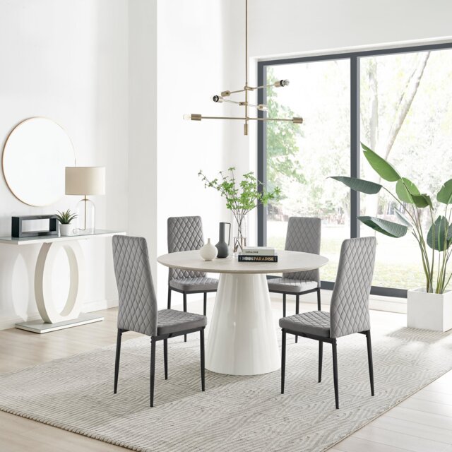 Palma Beige Stone Effect Round Dining Table & 4 Velvet Milan Black Leg ...