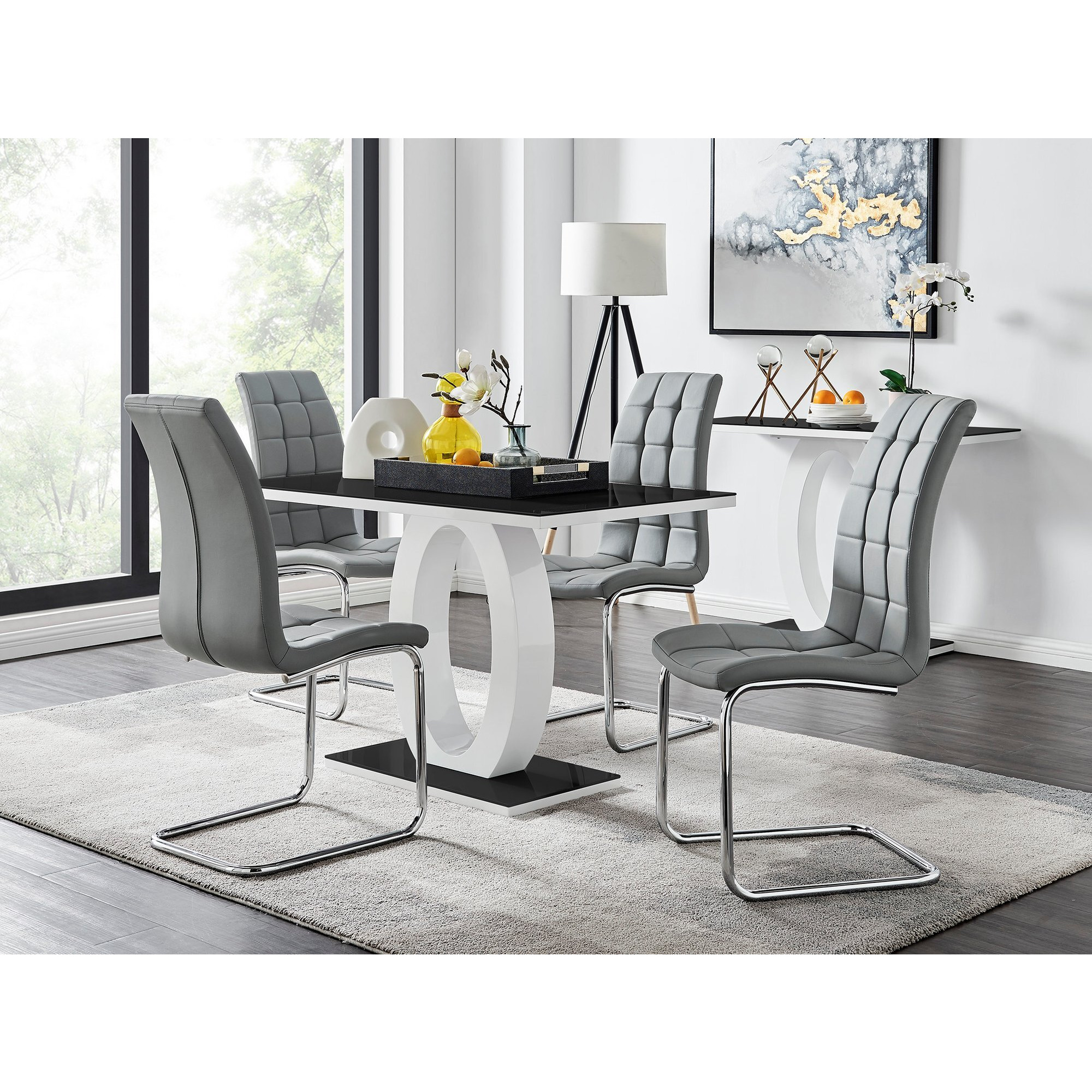 Giovani Black White High Gloss Glass Dining Table and 4 Murano Chairs