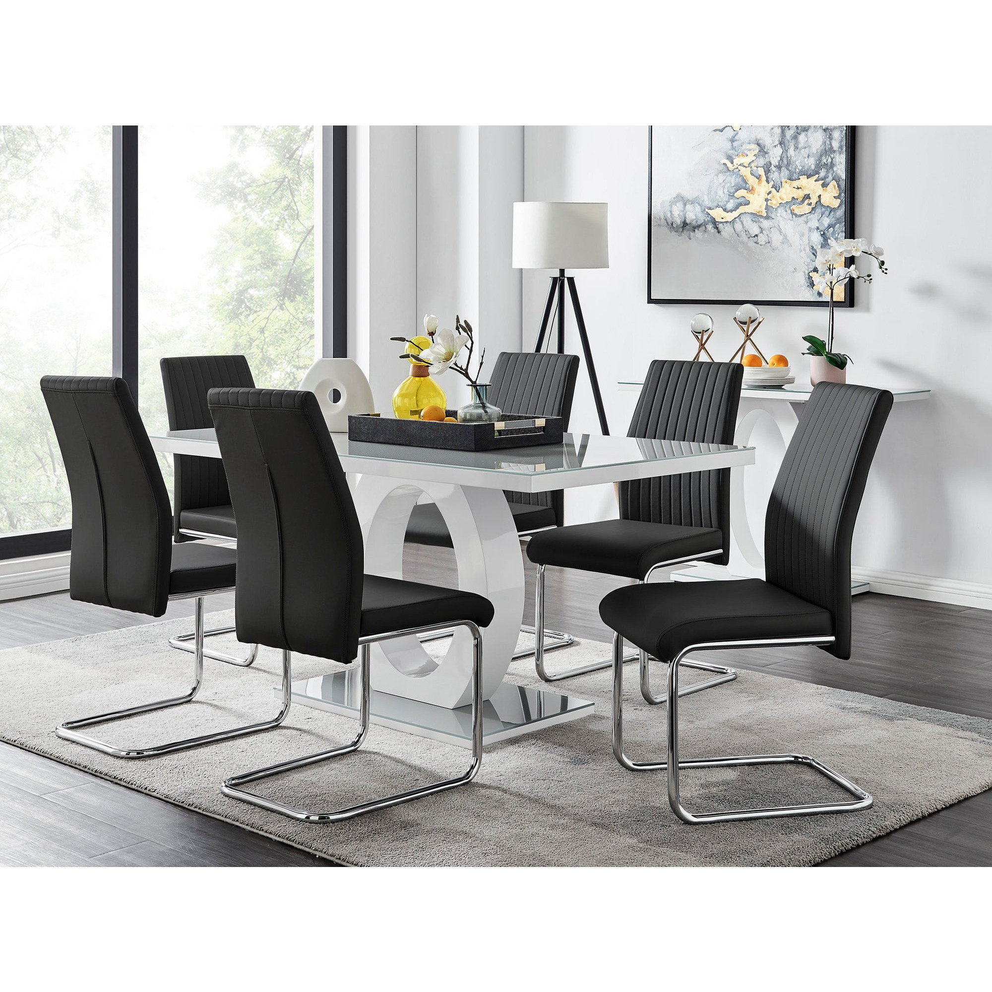 Giovani Grey White Modern High Gloss And Glass Dining Table And 6