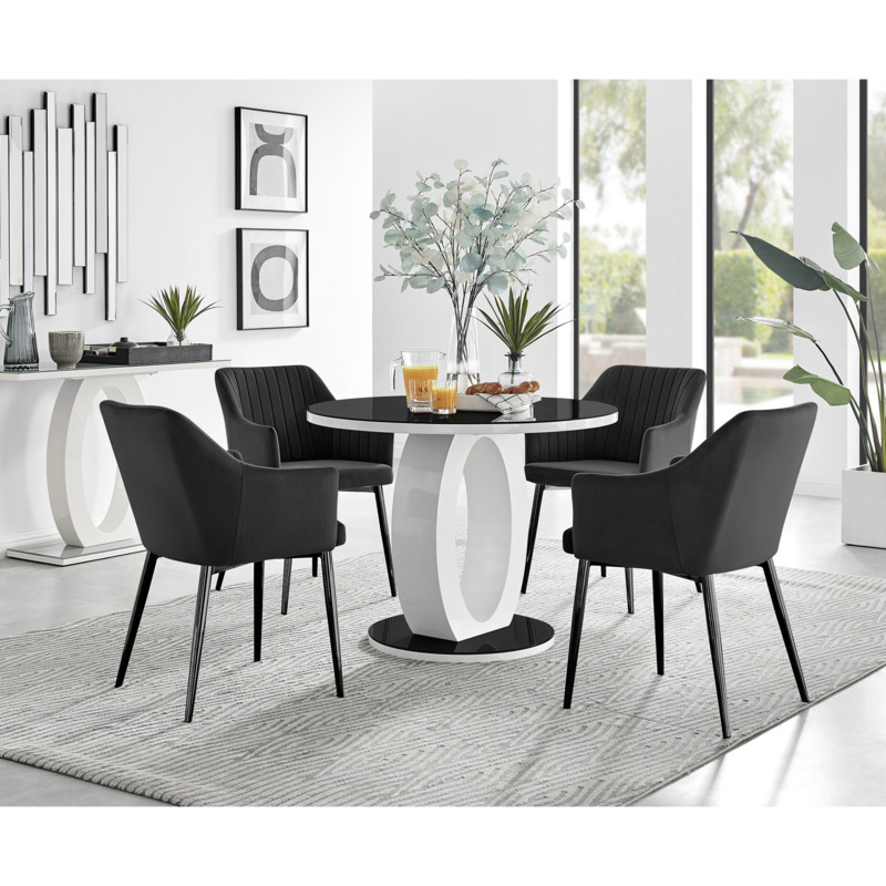 Giovani Black White High Gloss and Glass 100cm Round Dining Table & 4