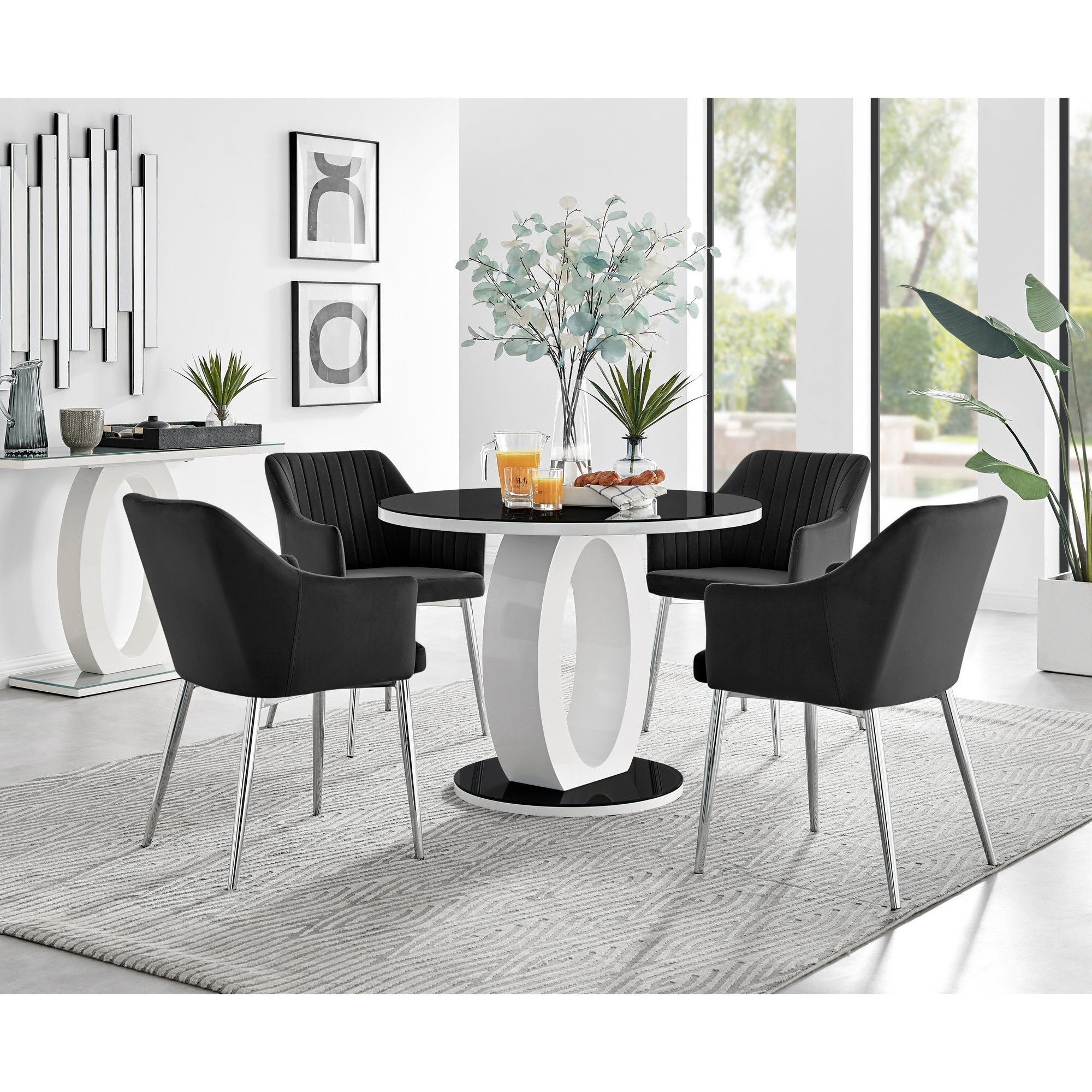 Giovani Black White High Gloss and Glass 100cm Round Dining Table & 4