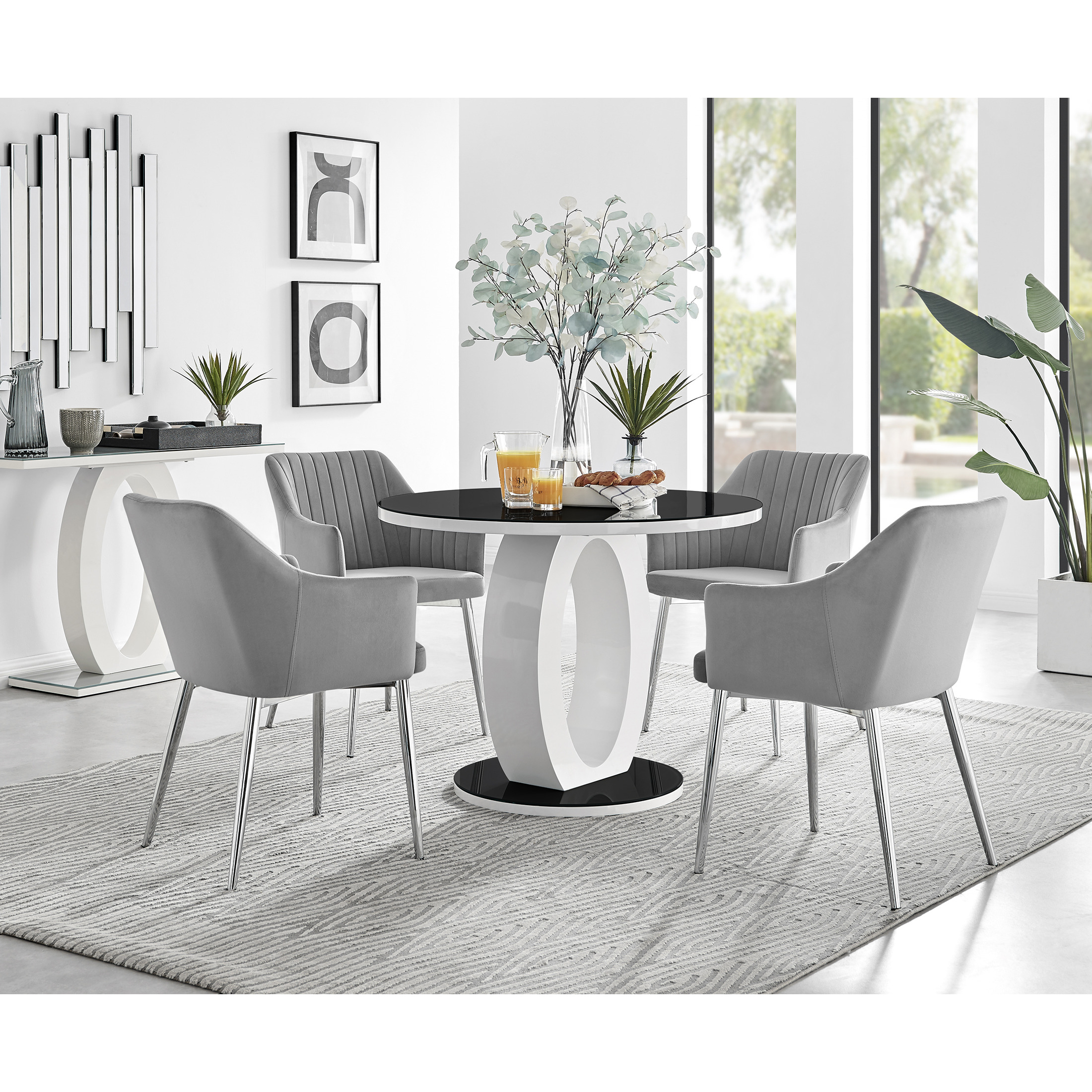 Giovani Black White High Gloss and Glass 100cm Round Dining Table & 4