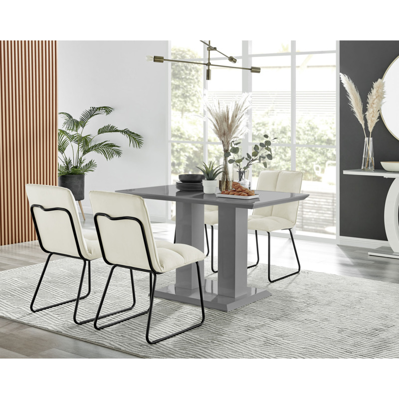 Imperia High Gloss Grey Dining Table & 4 Cream Menen Chairs by