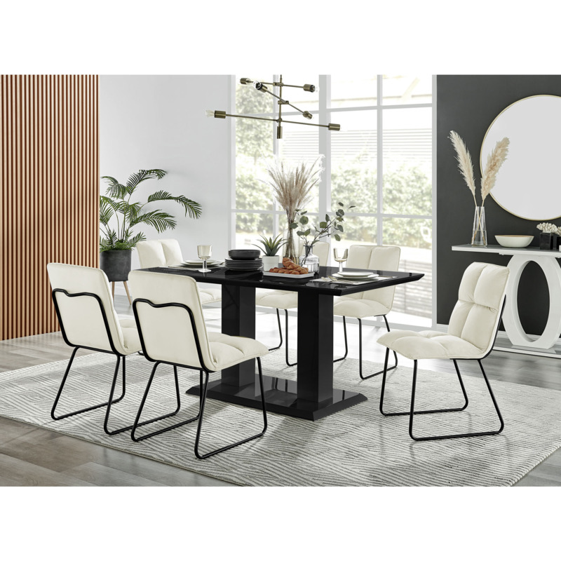Imperia High Gloss Black Dining Table & 6 Cream Menen Chairs by