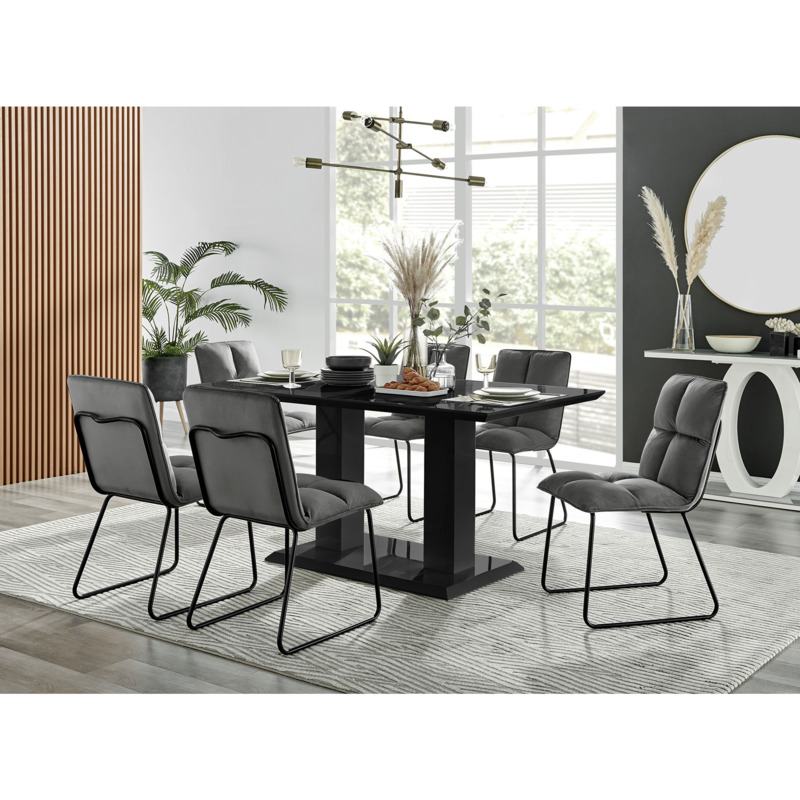 Imperia High Gloss Black Dining Table & 6 Dark Grey Menen Chairs by ...