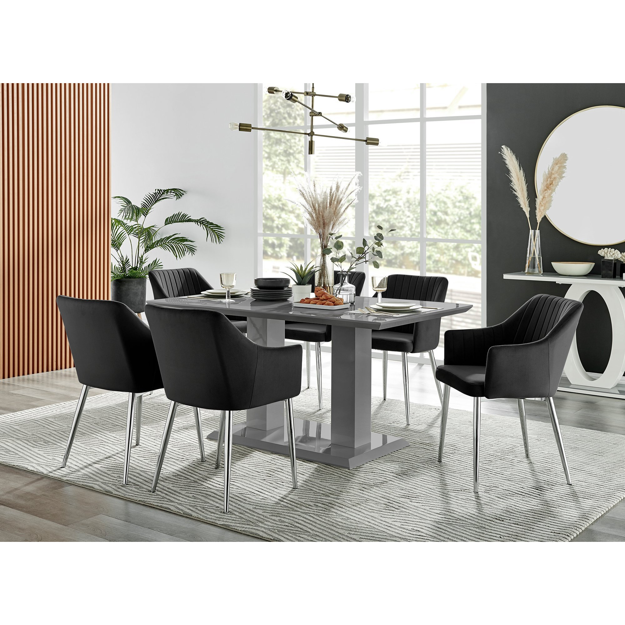 Imperia High Gloss Grey Dining Table & 6 Calla Silver Leg Chairs by