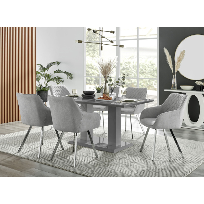 Imperia 6 Grey Dining Table and 6 Light Grey Falun Silver Leg Chairs by