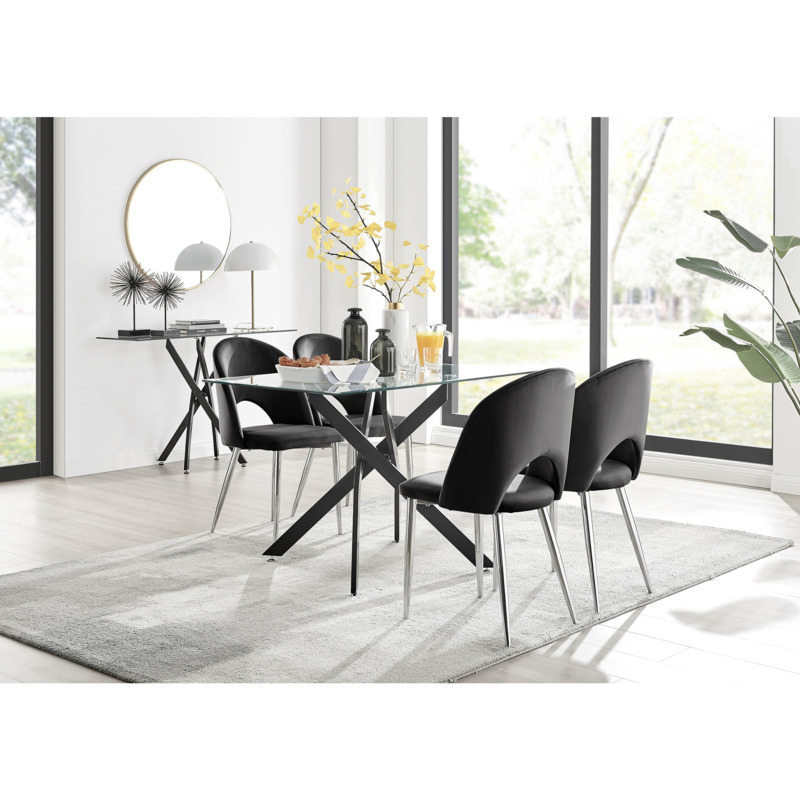 Leonardo Black Leg Glass Dining Table & 4 Black Arlon Silver Leg Chairs