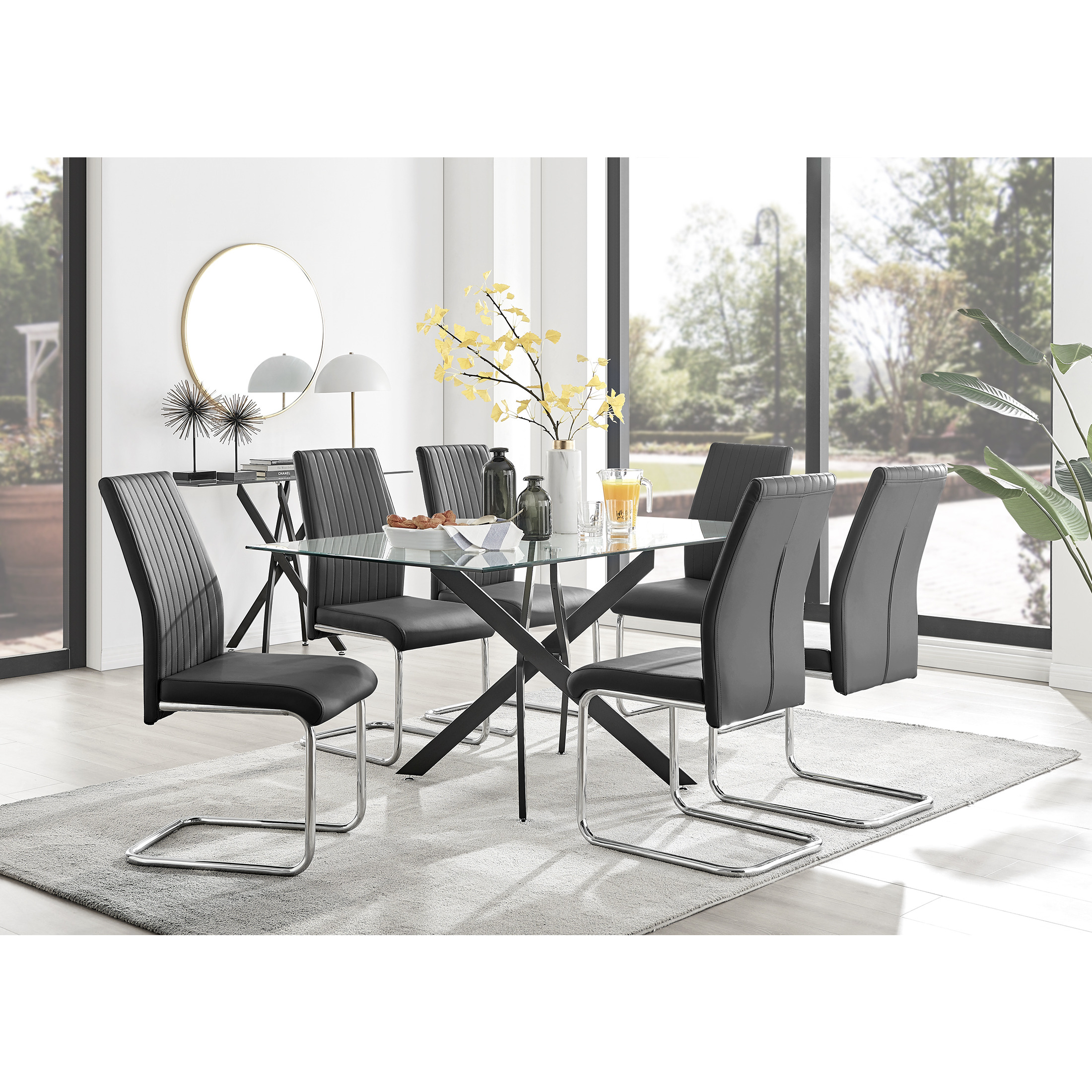 Leonardo Black Leg Glass Dining Table & 6 Lorenzo Chairs by