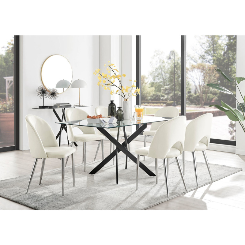 Leonardo Black Leg Glass Dining Table & 6 Cream Arlon Silver Leg Chairs