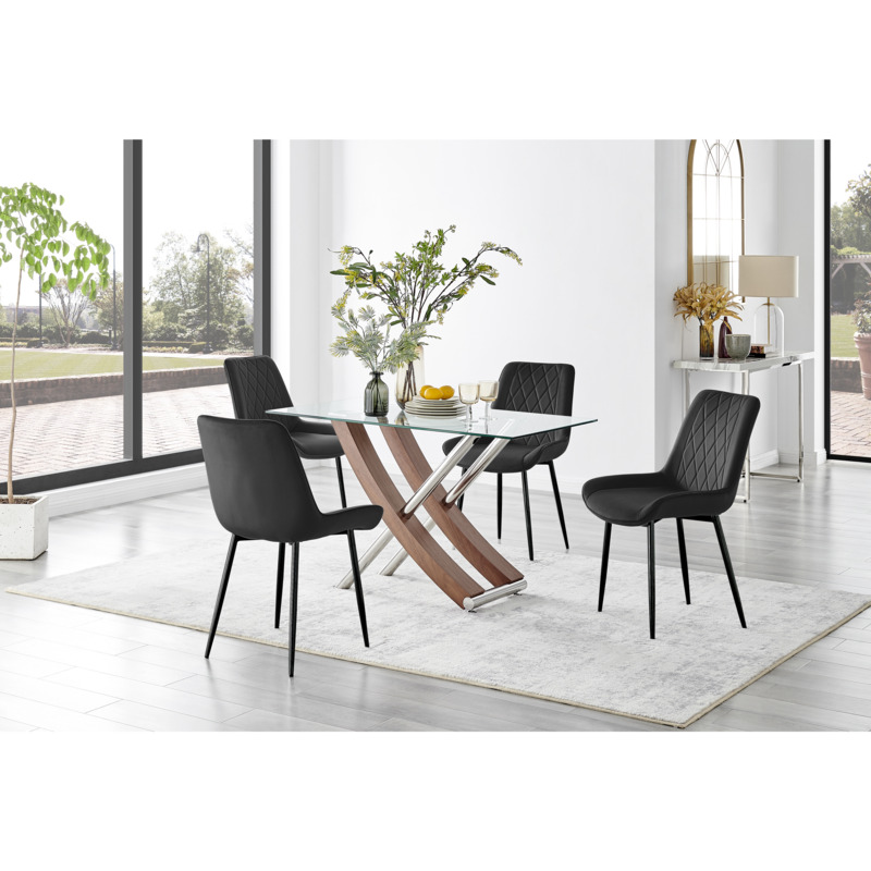 Mayfair Glass & Brown Wood Effect Dining Table & 4 Pesaro Black Leg