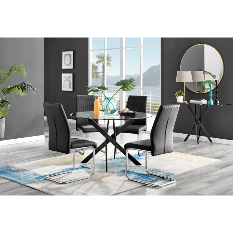 Novara Black Leg 120cm Round Glass Dining Table & 4 Black Lorenzo