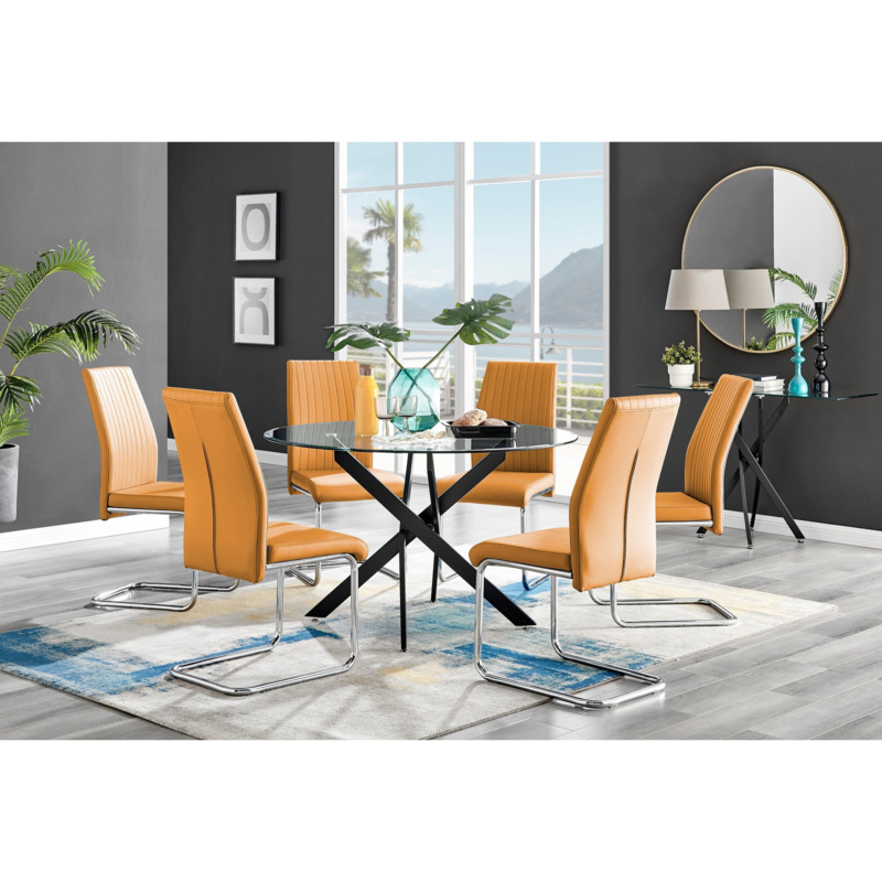 Novara Black Leg 120cm Round Glass Dining Table & 6 Mustard Lorenzo