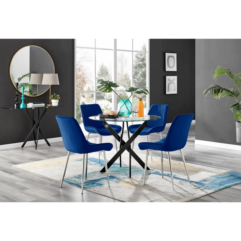 Novara Black Leg Round Glass Dining Table & 4 Navy Pesaro Silver Leg Chairs by FurnitureBox