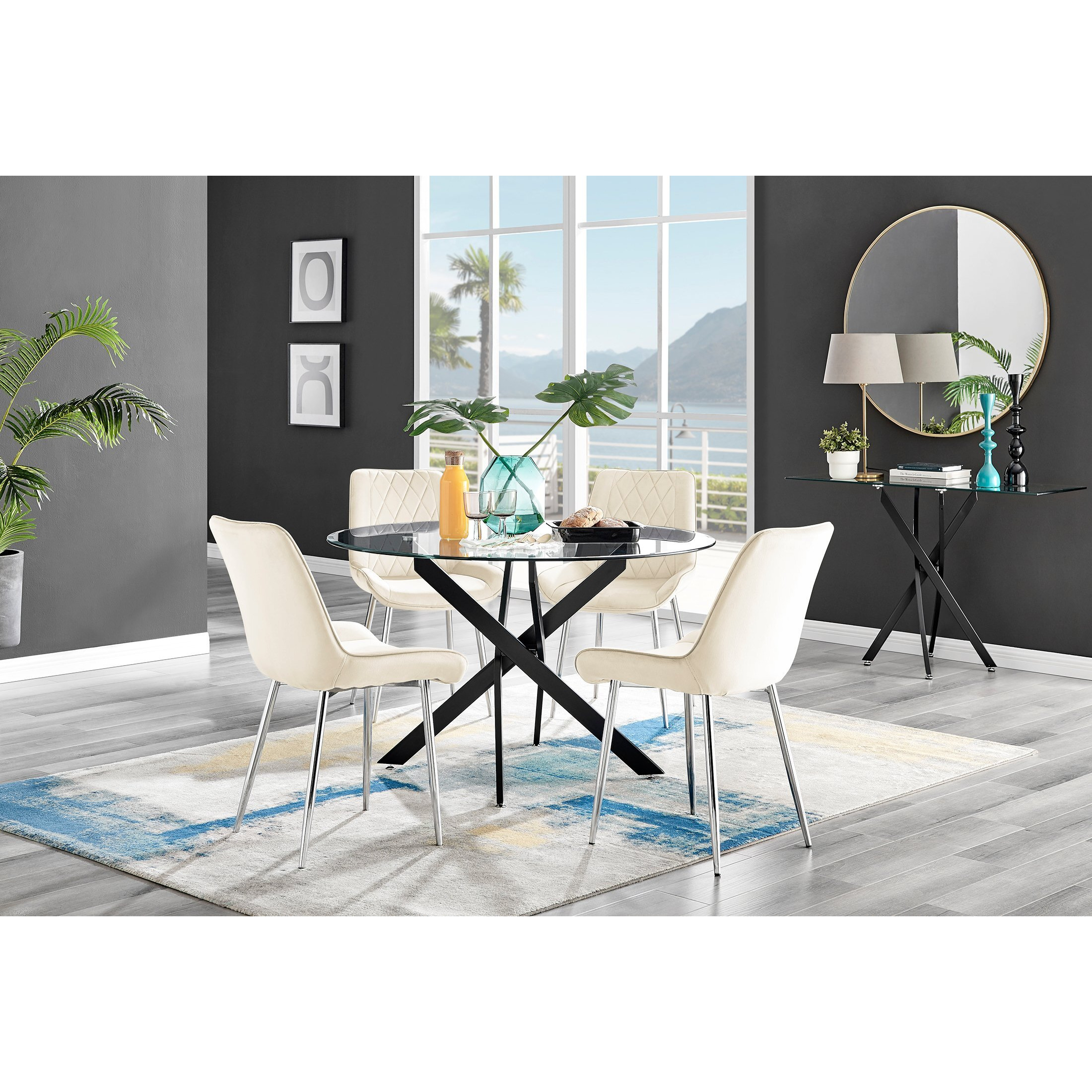 Novara Black Leg 120cm Round Glass Dining Table & 4 Cream Pesaro Silver Leg Chairs by