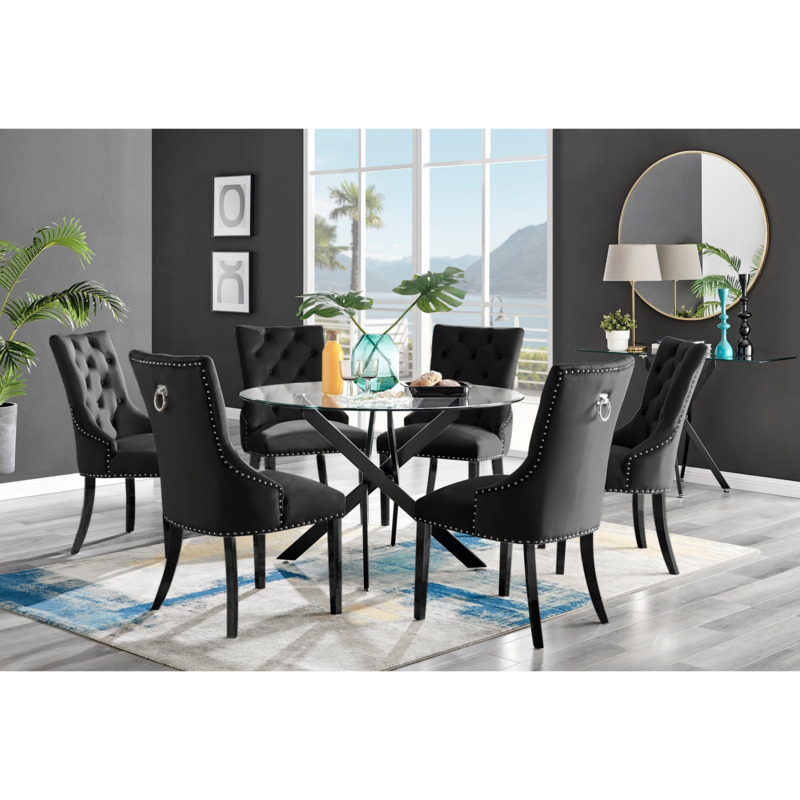 Novara Black Leg 120cm Round Glass Dining Table & 6 Black Belgravia