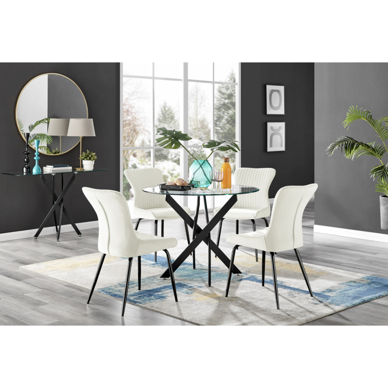 Novara Black Leg Round Glass Dining Table & 4 Nora Black Leg Chairs Furniturebox UK by