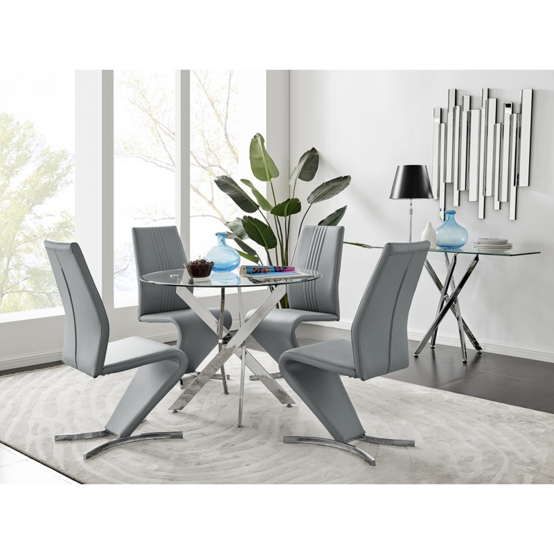 Novara Round 100cm Chrome Metal And Glass Dining Table And 4 Willow Dining Chairs Set by