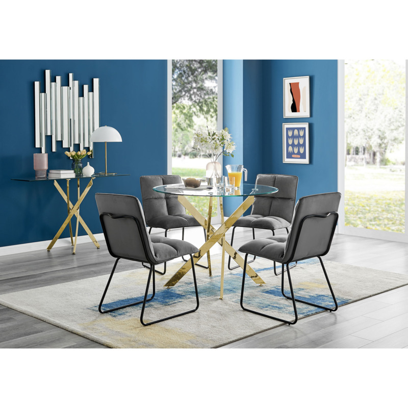 Novara Gold Leg Round Glass Dining Table & 4 Dark Grey Menen Chairs by FurnitureBox