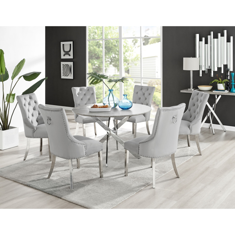 Novara Grey Concrete Effect 120cm Round Dining Table & 6 Velvet Belgravia Chairs by FurnitureBox
