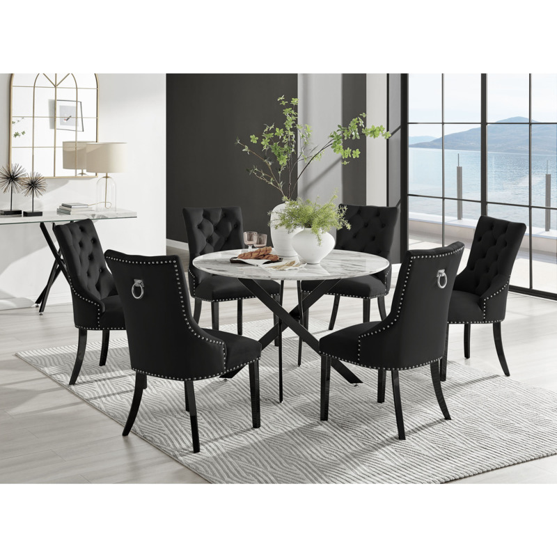 Novara White Marble Black Leg 120cm Round Dining Table & 6 Black