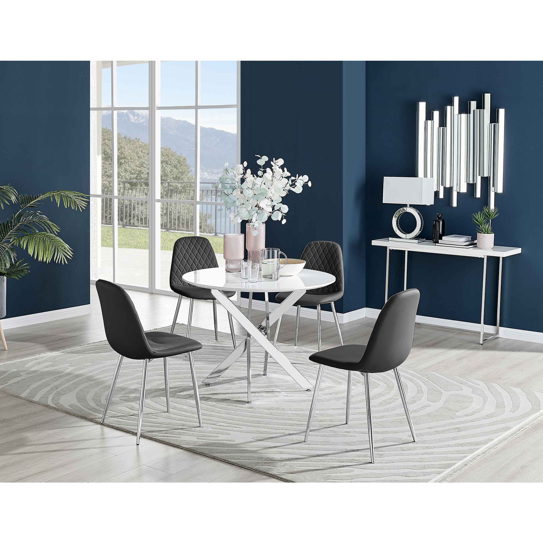 Novara White High Gloss 120cm Round Dining Table & 4 Corona Silver Leg Chairs by FurnitureBox