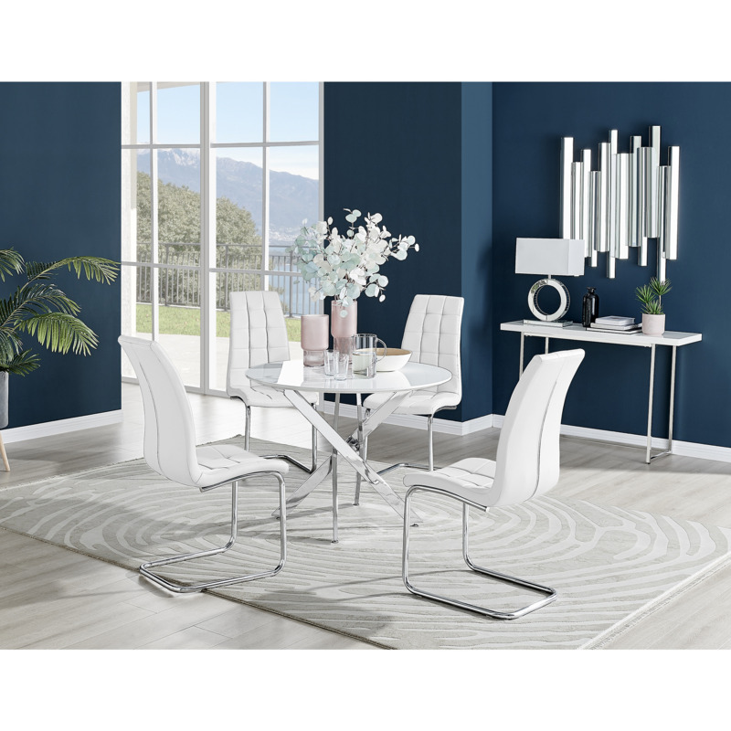 Novara White High Gloss Round Dining Table & 4 White Murano Chairs by