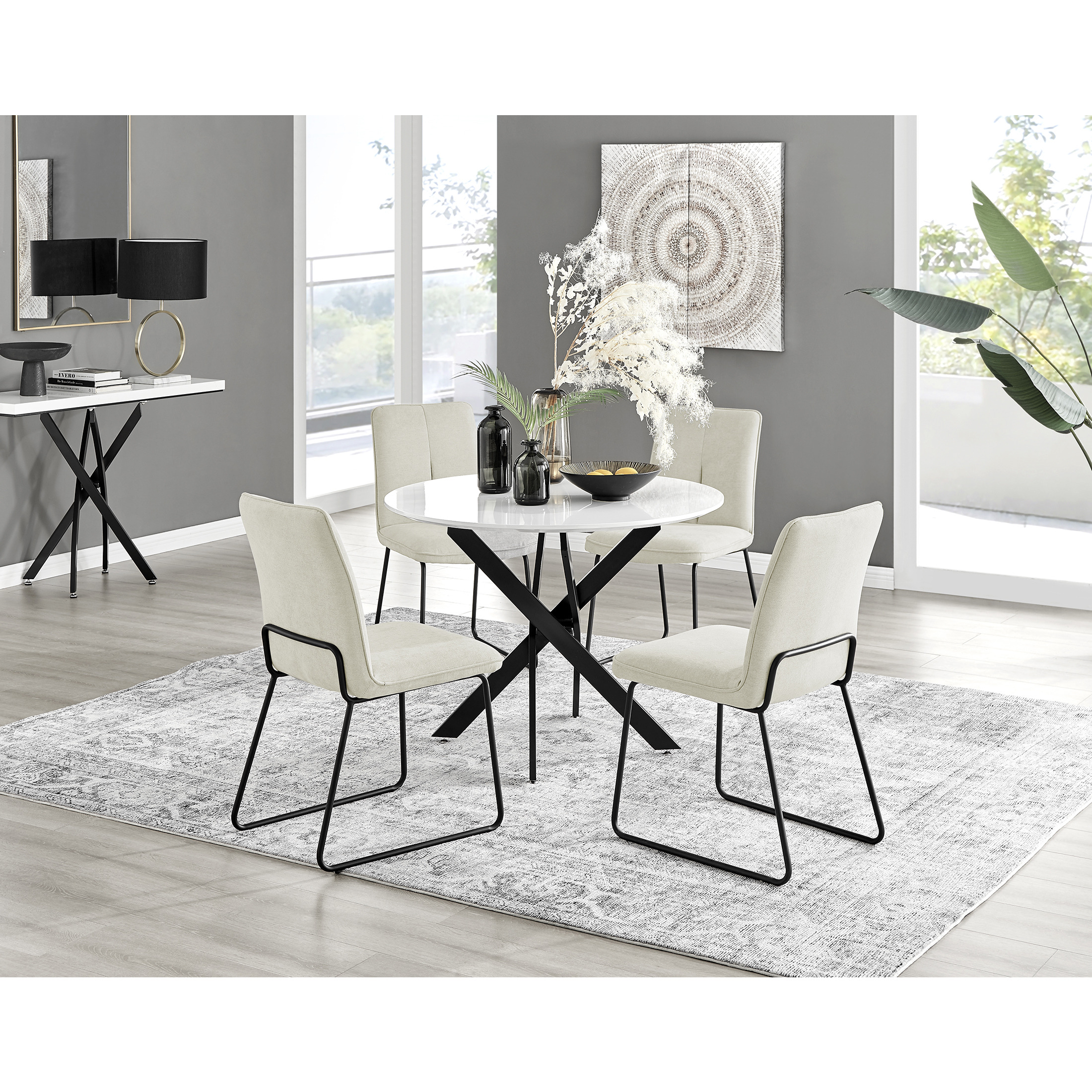Novara White Gloss Black Leg Round Dining Table & 4 Halle Chairs by ...