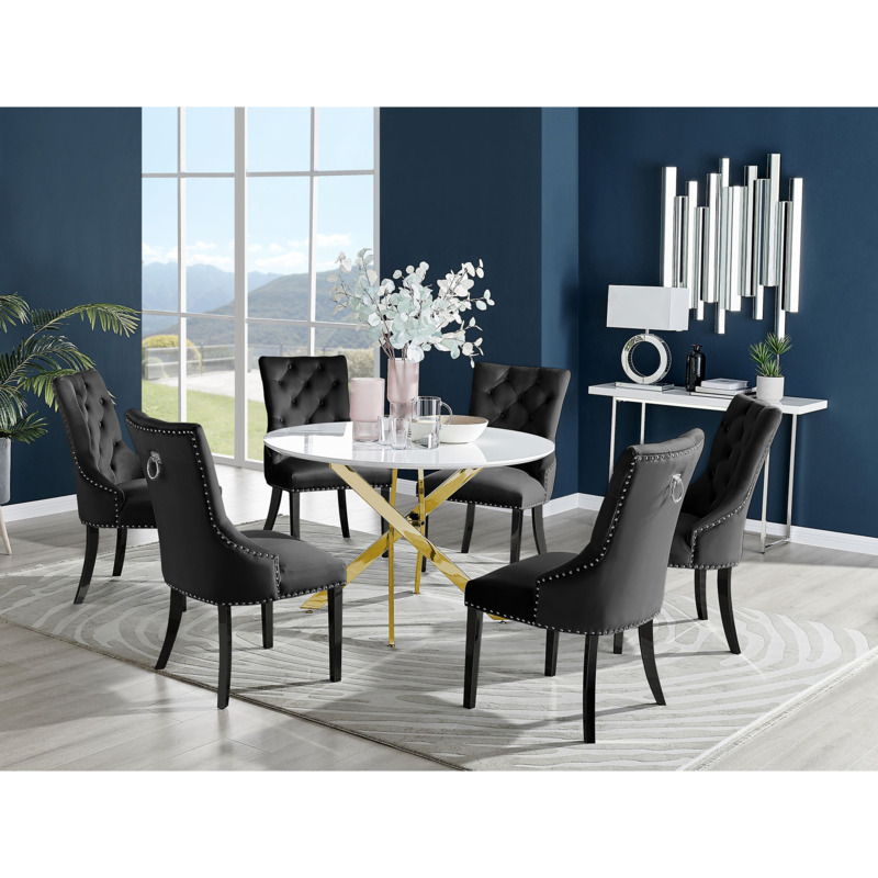 Novara White Gloss Gold Leg 120cm Round Dining Table & 6 Black