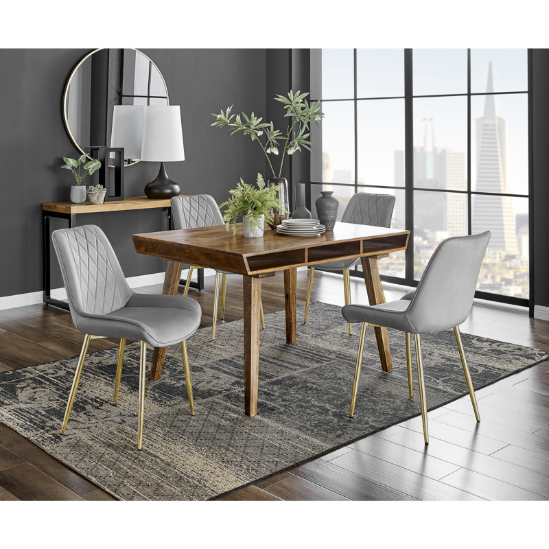 Otto Honey Shade Solid Mango Wood Dining Table & 4 Grey Pesaro Gold Leg Chairs by FurnitureBox