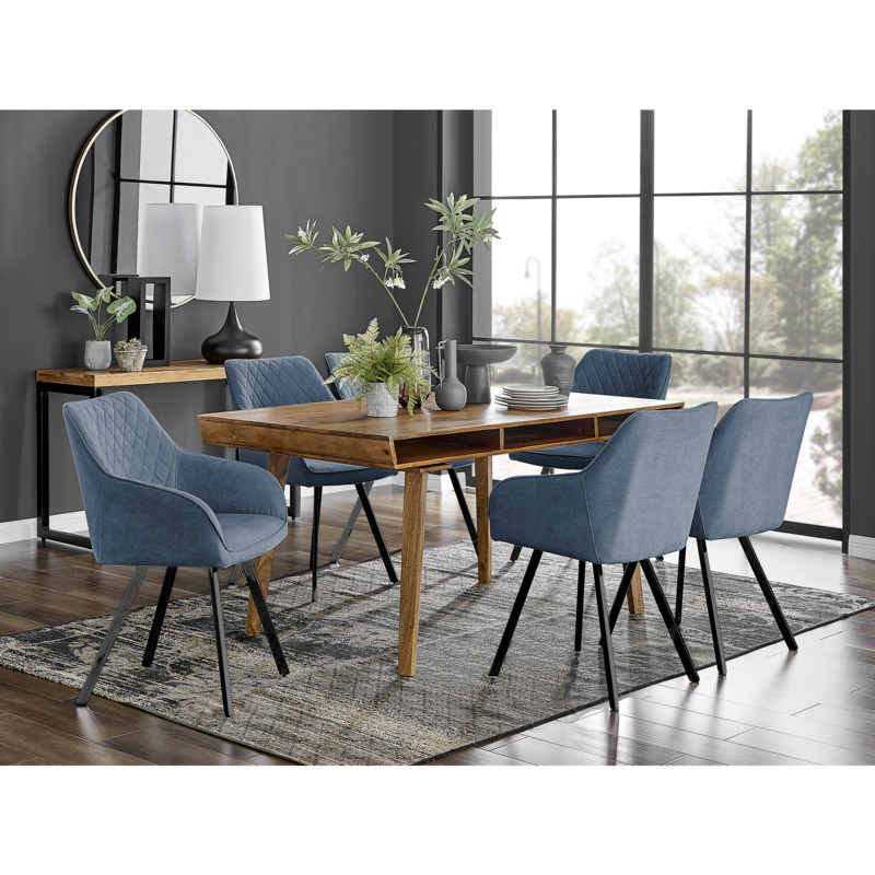 Otto Honey Shade Solid Mango Wood Dining Table & 6 Blue Falun Black Leg