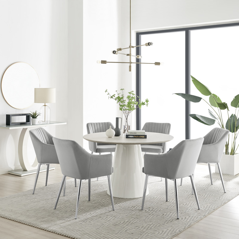 Palma Beige Stone Effect Round Dining Table & 6 Calla Silver Leg Chairs by FurnitureBox